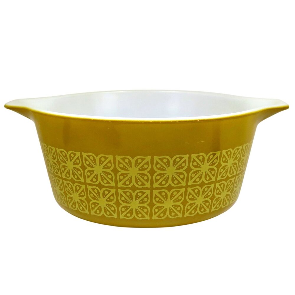 Pyrex 474‑B Square Flowers 1.5 Qt Casserole Mustard-Gold Autumn Floral 1960s